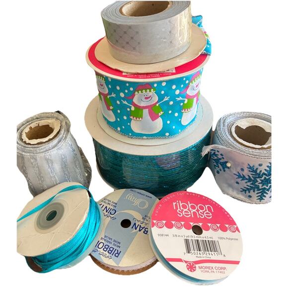 Lot of 8 Blue & Silver Decorative Holiday Ribbons Snowman Glitter Foil Wired VTG - Picture 6 of 12